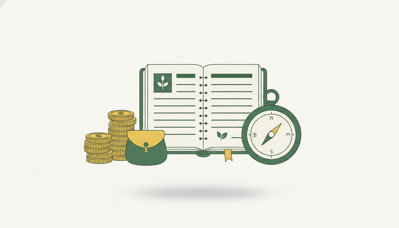 A professional, clean illustration of a scout financial management dashboard showing gold coins, a ledger, and a scout compass.